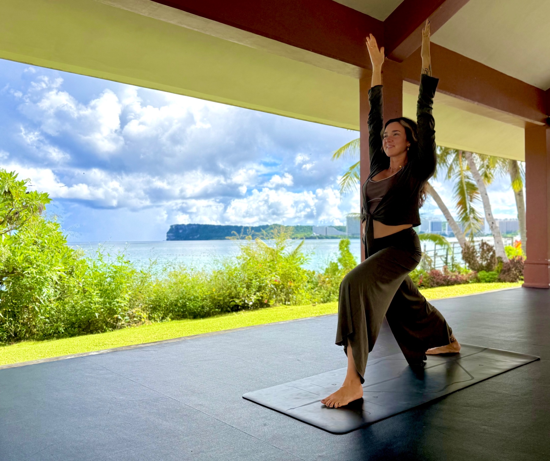 Warrior pose at the oceanfront pavilion in Tumon, Guam